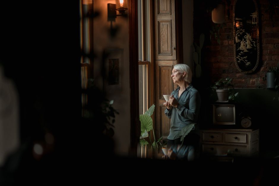 older adult morning coffee window