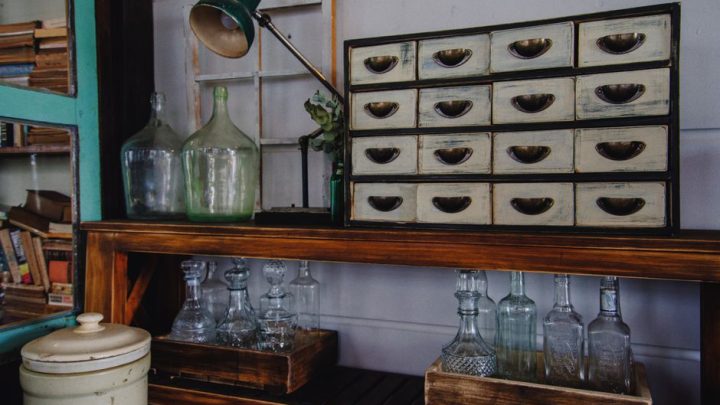 medicine bottles organised shelf